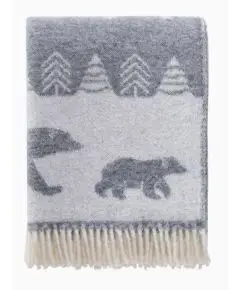 Uldplaid Med Frynser - 'Bjørne I Sne' - Grå/Off-White - 190x130 cm - JJTextiles